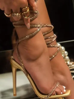 Black Party Shoes Glitter Open Toe Lace Up High Heel Sandals Prom Shoes