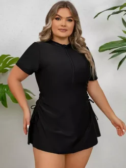 Black Plus Size Zip Front Skirted Swim Dress