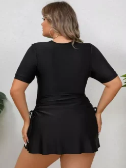 Black Plus Size Zip Front Skirted Swim Dress