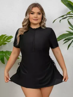 Black Plus Size Zip Front Skirted Swim Dress