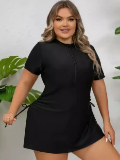 Black Plus Size Zip Front Skirted Swim Dress