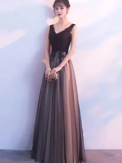 Black Prom Dresses Long V Neck Lace Tulle Sleeveless A Lien Floor Length Formal Evening Dress