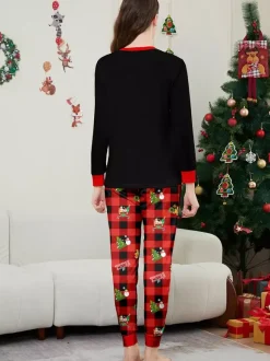 Black Red Plaid Family Christmas Pajamas Car Snowman Print 2026