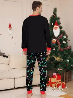 Black Red Santa Lights Print Family Christmas Pajamas Holiday Set 2026