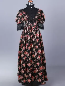 Black Retro Costumes Lace Polyester Floral Print Dress Marie Antoinette Costume Women's Retro Set 18th Century Costume