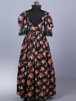 Black Retro Costumes Lace Polyester Floral Print Dress Marie Antoinette Costume Women's Retro Set 18th Century Costume