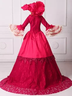 Black Retro Costumes Women's Floral Print Marie Antoinette Costume Ruffles Lace Polyester Set Dress Hat Retro 18th Century Costume Burgundy