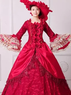 Black Retro Costumes Women's Floral Print Marie Antoinette Costume Ruffles Lace Polyester Set Dress Hat Retro 18th Century Costume Burgundy