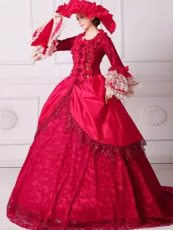 Black Retro Costumes Women's Floral Print Marie Antoinette Costume Ruffles Lace Polyester Set Dress Hat Retro 18th Century Costume Burgundy