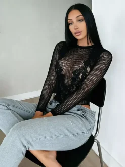 Black Rhinestone Mesh Long Sleeve Bodysuit High Neck Sheer Fishnet Lace Panel Slim Club Top
