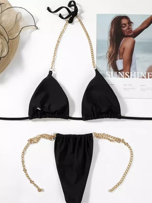 Black Sexy Bikini Swimwear Strappy Sleeveless Chain Detail Beach Swimsuits For Women
