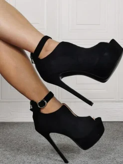 Black Suede Summer Boots Peep Toe Platform Stiletto Heel Ankle Strap Boots