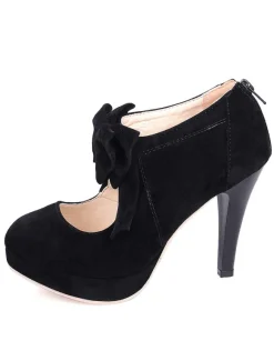 Black Vintage Heels Platform Round Toe Bowtie Mary Jane Heeled Pumps