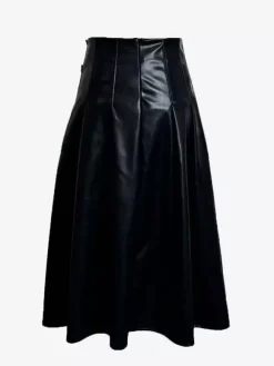 Black Vintage Pleated Faux Leather Midi Skirt With Double Buckle For Women 2026
