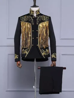 Black Vintage Set Middle Ages Buttons Fringe Long Sleeves Retro Costumes Set For Man