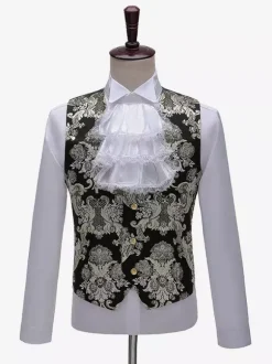 Black Vintage Set Middle Ages Buttons Jacquard Long Sleeves Retro Costumes Set For Man