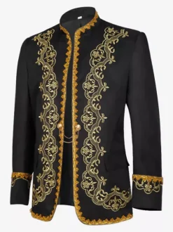 Black Vintage Top Retro Embroidered Long Sleeves Polyester Polyester Fiber Overcoat Retro Costumes For Man