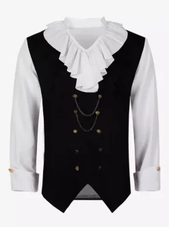 Black Vintage Top Ruffles Floral Print Long Sleeves Retro Costumes For Man Burgundy
