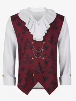 Black Vintage Top Ruffles Floral Print Long Sleeves Retro Costumes For Man Burgundy