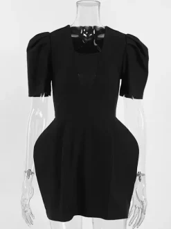 Black V-Neck Women Mini Dress - Elegant Puff Sleeve Hourglass - Elegant Date Night Outfit 2026