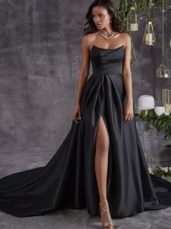 Black Wedding Dresses A-Line Sleeveless Split Front Satin Fabric Bridal Gown Free CustomizationFloor-Length Bridal Gown