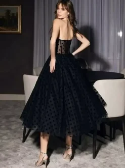 Black Wedding Dresses A-Line Sleeveless Lace Tea-Length Bridal Gown Free Customization