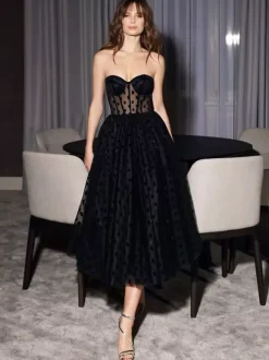 Black Wedding Dresses A-Line Sleeveless Lace Tea-Length Bridal Gown Free Customization