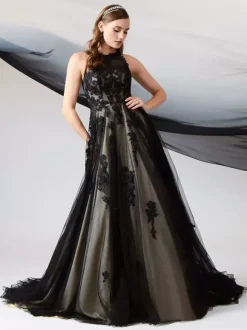 Black Wedding Dresses A-Line Sleeveless Lace With Train Bridal Dress Free Customization