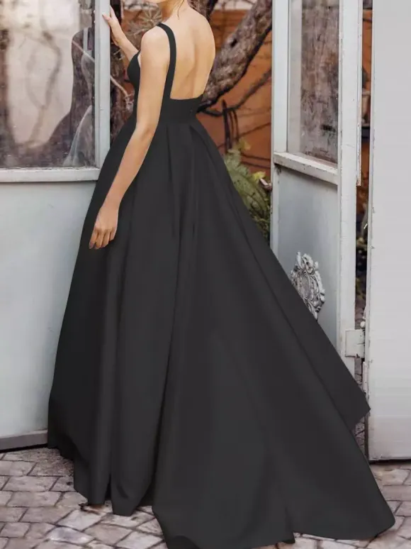 Black Wedding Dresses A-Line Sleeveless Satin Fabric With Train Bridal Gown