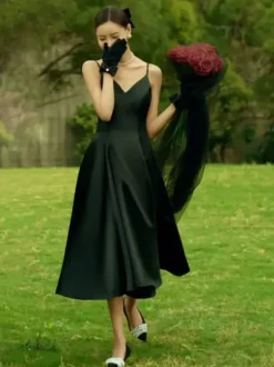 Black Wedding Dresses A-Line Sleeveless Tea-Length Bridal Dress Free Customization