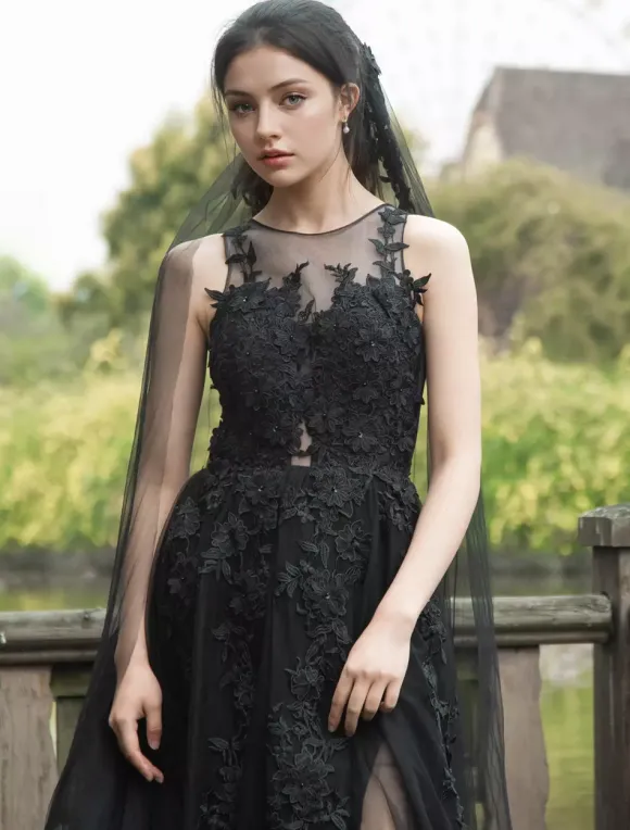 Black Wedding Dresses Lace A-Line Sleeveless Natural Waist Lace With Train Bridal Gown