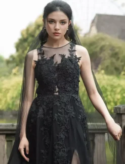 Black Wedding Dresses Lace A-Line Sleeveless Natural Waist Lace With Train Bridal Gown