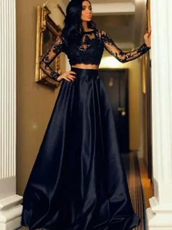 Black Wedding Dresses Lace Two-piece Long Sleeves Raised Waist Lace Floor-Length Bridal Gown Free Customization