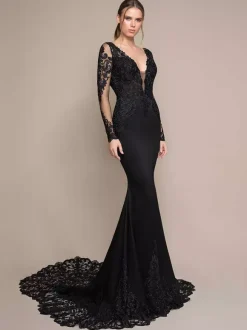 Black Wedding Dresses Mermaid Long Sleeves Lace Court Train Bridal Dress Free Customization