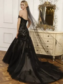 Black Wedding Dresses Mermaid Sleeveless Lace With Train Bridal Dress Free Customization