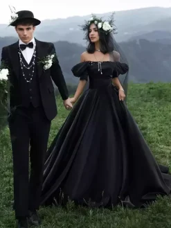 Black Wedding Dresses Satin Fabric Princess Silhouette Sleeveless Natural Waist Beaded With Train Bridal Gown