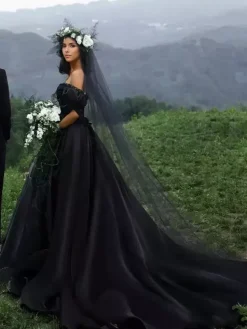 Black Wedding Dresses Satin Fabric Princess Silhouette Sleeveless Natural Waist Beaded With Train Bridal Gown