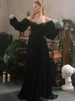 Black Wedding Dresses Satin Fabric A-Line Long Sleeves Natural Waist Pleated Court Train Bridal Dress