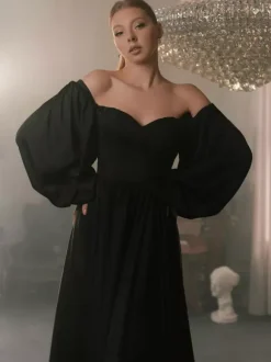 Black Wedding Dresses Satin Fabric A-Line Long Sleeves Natural Waist Pleated Court Train Bridal Dress