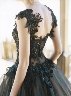 Black Wedding Dresses Tulle Princess Silhouette Sleeveless Low Rise Waist Lace Court Train Bridal Gown Free Customization