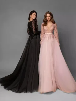 Black Wedding Dress With Train A-Line V-Neckline Long Sleeves Lace Sweep Tulle Bridal Gowns Free Customization
