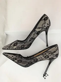 Black Wedding Shoes Lace Pointed Toe High Heel Pumps