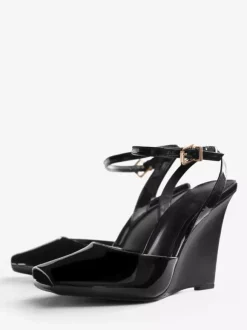 Black Wedge Pumps Peep Toe Ankle Strap Wedge Shoes For Women