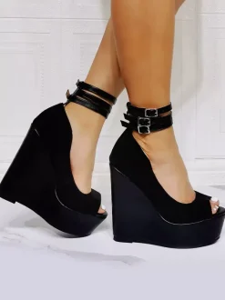 Black Wedge Sandals Peep Toe Wedge Heel Micro Suede Upper Ankle Strap Heel Sandals