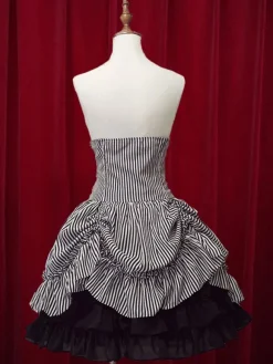 Black White Stripe High Waist Lolita Skirt Cotton Lace Up