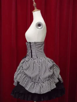 Black White Stripe High Waist Lolita Skirt Cotton Lace Up