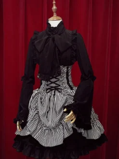 Black White Stripe High Waist Lolita Skirt Cotton Lace Up