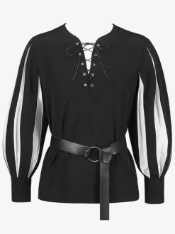 Black+White Vintage Top Retro Stripes Long Sleeves Polyester Polyester Fiber Sash Retro Costumes For Man Burgundy