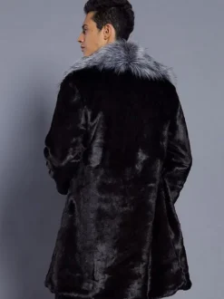 Black Winter Coat Men Faux Fur Coat Turndown Collar Long Sleeve Overcoat