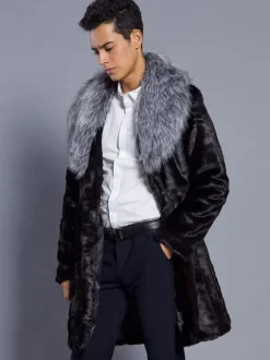 Black Winter Coat Men Faux Fur Coat Turndown Collar Long Sleeve Overcoat
